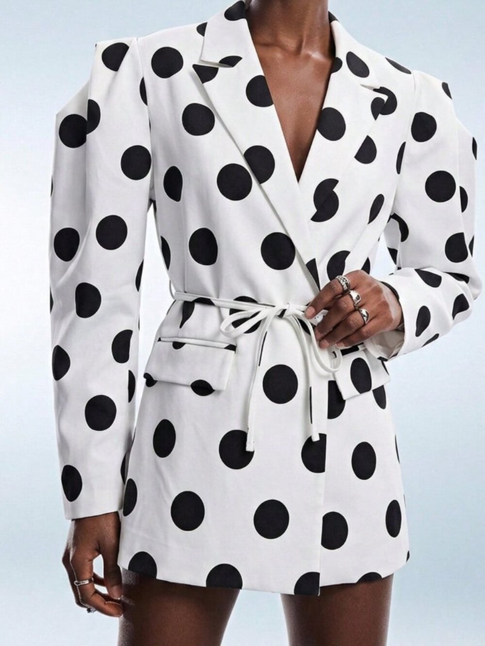 Black White Elegant Women's Polka Dot Oversized Structured Cinched Waist Blazer - Picture 5 of 8
